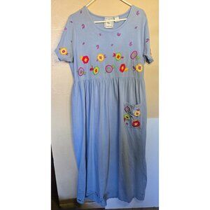 Michael Simon Vintage Embroidered Floral Design Boat Neck Short Sleeve Cotton Lg